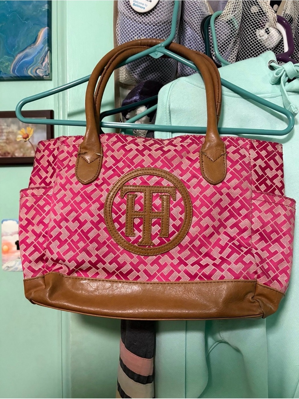 Tommy Hilfiger Pink Patterned Tote with Brown Trim and Logo